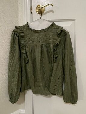 Mango Women's Olive Eyelet Ruffle Long-Sleeve Top